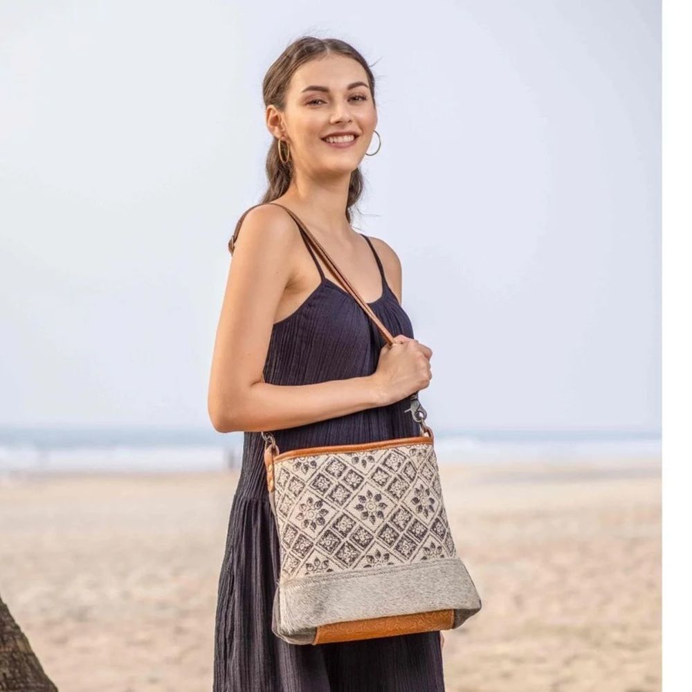 Myra Tessellated Rug Calf Hair Leather Canvas Shoulder Tote Adjustable Strap Bag